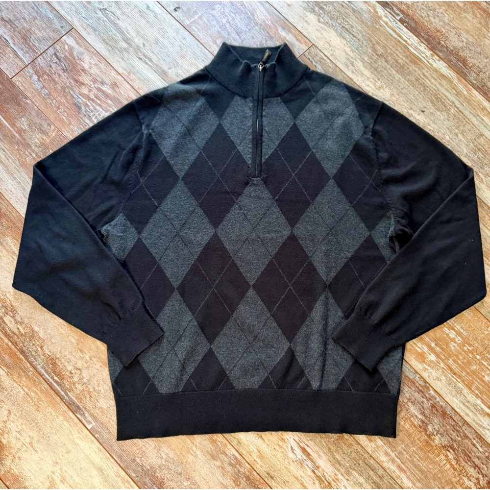 Cremieux Classics Mens L Argyle Quarter Zip Sweater Silk Blend Black Gray